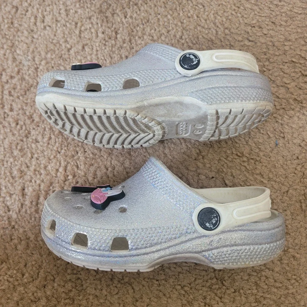 Crocs Kids 11 Classic Glitter Clog Silver Sparkle Unicorn Rainbow‎ Charms Shoes